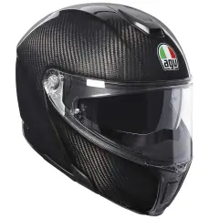 Czarny, karbonowy kask AGV, najdroższy kask jeździecki, z przezroczystą szybką i włoską flagą.