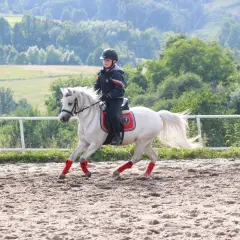 Młody jeździec na białym kucyku, z czerwonymi ochraniaczami na nogach, galopuje po piaskowej ujeżdżalni. W tle zielone wzgórza.
