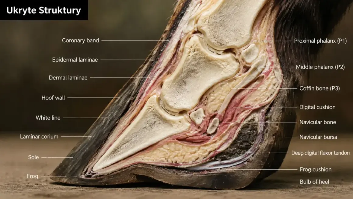 Przekrój przez kopyto konia, ukazujący kości, ścięgna i poduszki. Widoczna noga konia z licznymi strukturami anatomicznymi.
