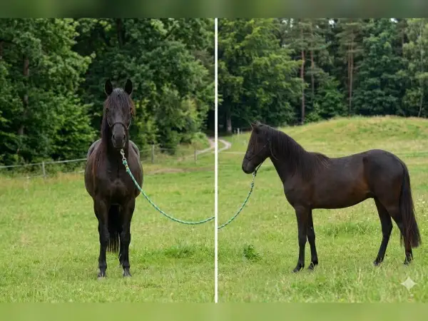 Dwa ciemne konie rasy paso fino na zielonej łące, jeden stoi przodem, drugi bokiem.